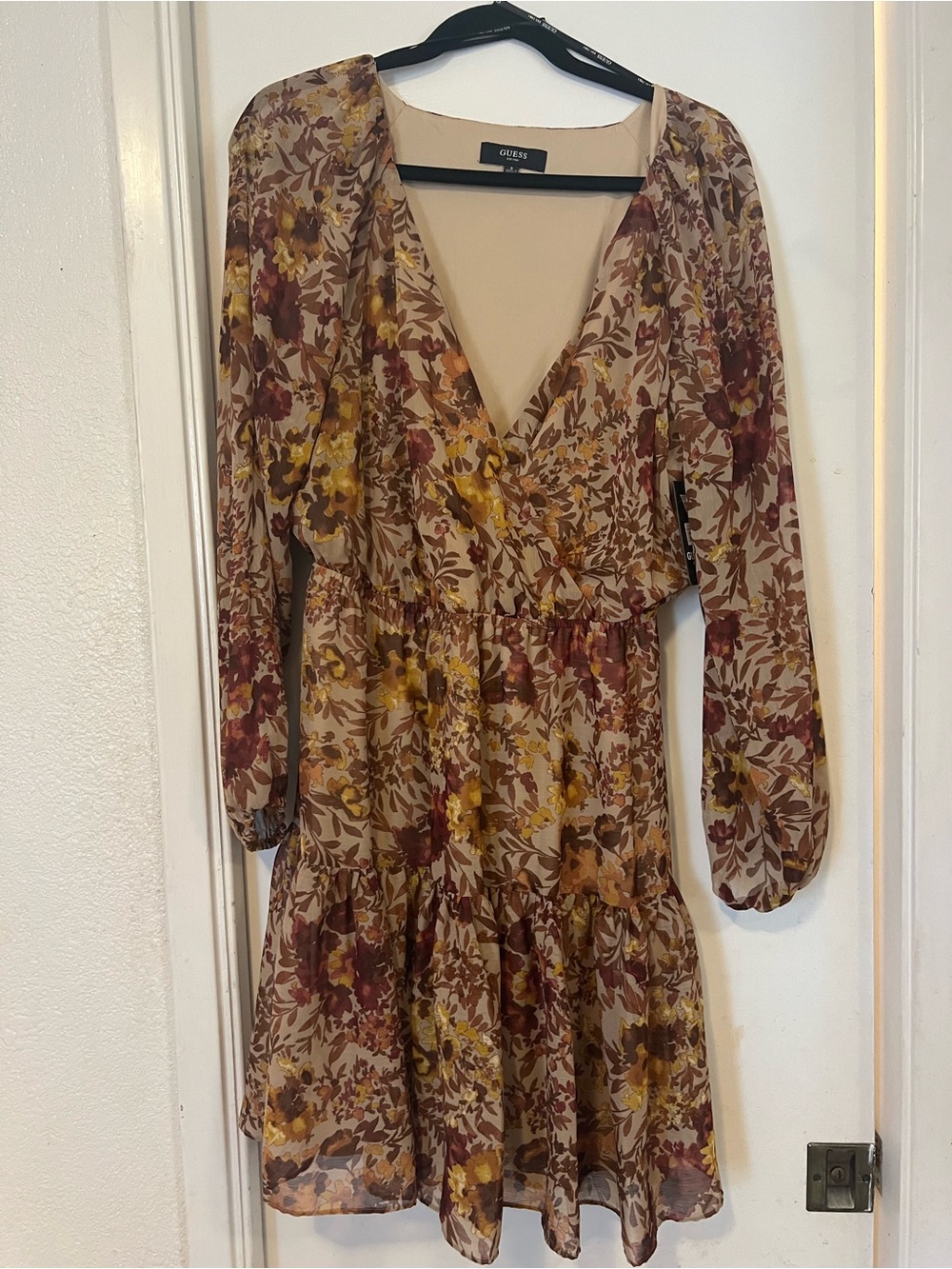 GUESS Floral Tiered Long Sleeve Dress in Beige, Mustard and Rust